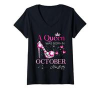 Womens A Queen was Born in October Happy Birthday to Me V-Neck T-Shirt