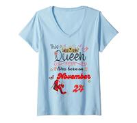 Womens A Queen was Born on November 24 November 24th Birthday V-Neck T-Shirt