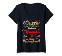 Womens A Queen was Born on November 9 November 9th Birthday V-Neck T-Shirt