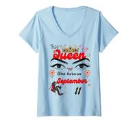 Womens A Queen Was Born on September 11 September 11th Birthday V-Neck T-Shirt