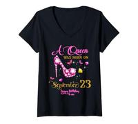 Womens A Queen Was Born on September 23, 23rd September Birthday V-Neck T-Shirt