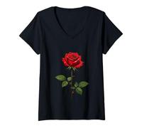 Women's A Single Red Rose with Morning Dew Vector Design V-Neck T-Shirt