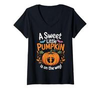 Womens A Sweet Little Pumpkin On The Way Halloween Pregnancy Gender V-Neck T-Shirt
