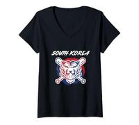 Women's A Tiger with Crossed Baseball Bats South Korea Pride V-Neck T-Shirt