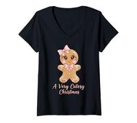 Womens A Very Cutesy Christmas Pink Bow Coquette Gingerbread V-Neck T-Shirt