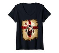 Womens A Warrior of Christ Knights Templar Distressed Cross V-Neck T-Shirt