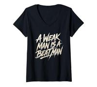 Women's A Weak Man is A Beat Man Workout Motivational V-Neck T-Shirt