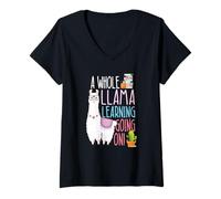 Womens A Whole Llama Learning Going On Book Reading School Llama V-Neck T-Shirt