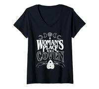 Womens A Woman's Place Is In A Coven Feminist Witch Halloween V-Neck T-Shirt