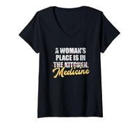 Women's A Woman's Place is in Medicine Kitchen Vintage Doctor PhD V-Neck T-Shirt