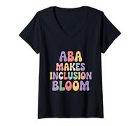 Women's ABA Makes Inclusion Bloom Therapist Retro Autism Awareness V-Neck T-Shirt