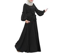 Womens Abaya Long Sleeve Muslim Kaftan Dresses with Bow-Knot Solid Modest Casual Flowy Islamic Abaya Evening Gown B-Black