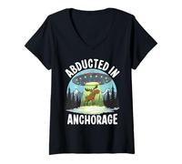 Womens Abducted in Anchorage Alien UFO Moose Alaska V-Neck T-Shirt