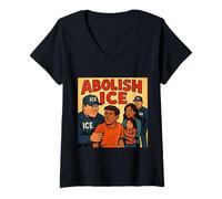 Womens "ABOLISH ICE" Comic-Style Protest Graphic V-Neck T-Shirt