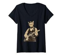 Women's Abraham Lincoln Abe Lincoln Playing Guitar Cat Rock Gesture V-Neck T-Shirt