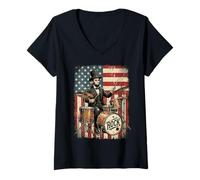 Women's Abraham Lincoln Playing Drums American Flag Rocker V-Neck T-Shirt