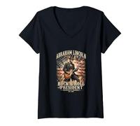 Women's Abraham Lincoln Rock and Roll President US Flag V-Neck T-Shirt