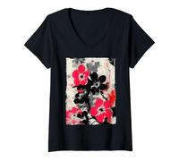 Womens Abstract Floral Graffiti Street Art Japanese Pink Black V-Neck T-Shirt