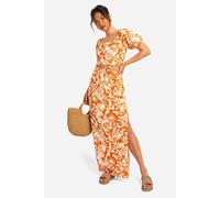 Womens Abstract Floral Printed Cotton Maxi Skirt - Orange - 10, Orange