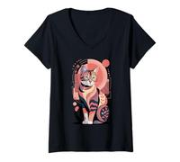 Women's Abstract Geometric Calico Cat Retro Modern Art V-Neck T-Shirt