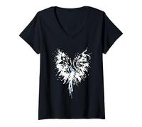 Womens Abstract Inkblot Phoenix | Artistic White & Blue Watercolor V-Neck T-Shirt