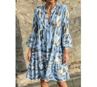 Women's Abstract Leopard Print Tiered Mini Dress V Neck 3/4 Ruffle Sleeve Loose Babydoll Dress