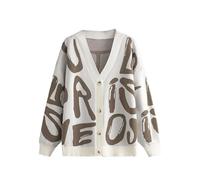 Womens Abstract Letter Print Cardigan, Cozy V-Neck Button Down Sweater Outwear, Long Sleeve Color Block Fashion Coat (Khaki,One Size)