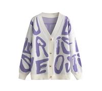 Womens Abstract Letter Print Cardigan, Cozy V-Neck Button Down Sweater Outwear, Long Sleeve Color Block Fashion Coat (Purple,One Size)