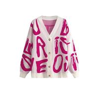 Womens Abstract Letter Print Cardigan, Cozy V-Neck Button Down Sweater Outwear, Long Sleeve Color Block Fashion Coat (Rose Red,One Size)