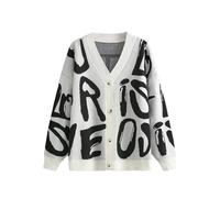 Womens Abstract Letter Print Cardigan, V Neck Long Sleeve Color Block Button Down Sweater Outwear (Black,One Size)