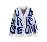 Womens Abstract Letter Print Cardigan, V Neck Long Sleeve Color Block Button Down Sweater Outwear (Blue,One Size)