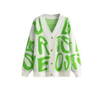 Womens Abstract Letter Print Cardigan, V Neck Long Sleeve Color Block Button Down Sweater Outwear (Green,One Size)