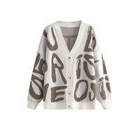 Womens Abstract Letter Print Cardigan, V Neck Long Sleeve Color Block Button Down Sweater Outwear (Khaki,One Size)