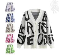 Womens Abstract Letter Print Cardigan, V Neck Long Sleeve Color Block Button Down Sweater Outwear Oversized Knit Sweaters (Black,One Size)