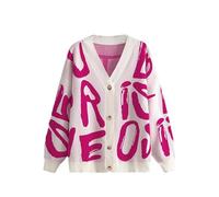 Womens Abstract Letter Print Cardigan, V Neck Long Sleeve Color Block Button Down Sweater Outwear (Rose Red,One Size)