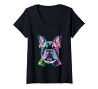 Women's Abstract Polygon French Bulldog Portrait V-Neck T-Shirt