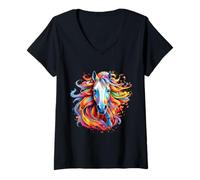 Women's Abstract Rainbow Horse Art Vibrant Paint Splash Equine V-Neck T-Shirt