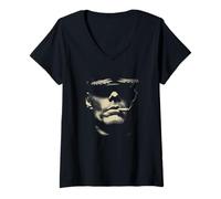 Women's Abstract Smoking Man Gritty Minimal Portrait V-Neck T-Shirt