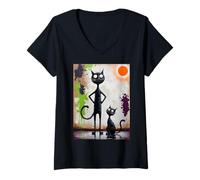 Womens Abstract Surreal Cat Art Modern Psychedelic Colorful Feline V-Neck T-Shirt