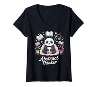 Womens Abstract Thinker Surreal Panda Art V-Neck T-Shirt