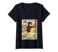 Women's Abyssinian Cat Ninja Japan Japanese Ukiyo-e Art V-Neck T-Shirt