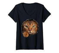 Women's Abyssinian Cat Striking Golden Eyes Peeking Through V-Neck T-Shirt