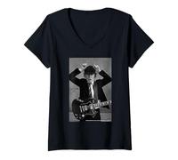 Women's AC DC Rock Icon Black and White Guitar Pose V-Neck T-Shirt