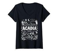 Women's Acadia Maine Hand Drawn Bear Camping Lighthouse V-Neck T-Shirt