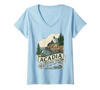 Women's Acadia National Park Maine Vintage Lighthouse Puffin Graphic V-Neck T-Shirt