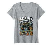 Womens Acadia National Park Vintage Line Art V-Neck T-Shirt