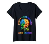 Women's Accept Understand Love Autism Awareness Sunflower Women Kids V-Neck T-Shirt