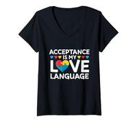 Women's Acceptance is My Love Language Autism Awareness Puzzle Heart V-Neck T-Shirt