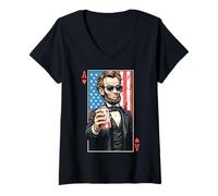 Womens Ace Abe Funny 4th Of July Abraham Lincoln Beer Playing Card V-Neck T-Shirt