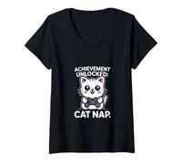 Womens Achievement Unlocked: Cat Nap Gamer Fun V-Neck T-Shirt
